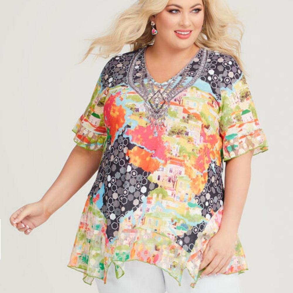 Taking Shape Women's Vneckline Sparkle & Mesh Ruffle Tunic in Print Size 20